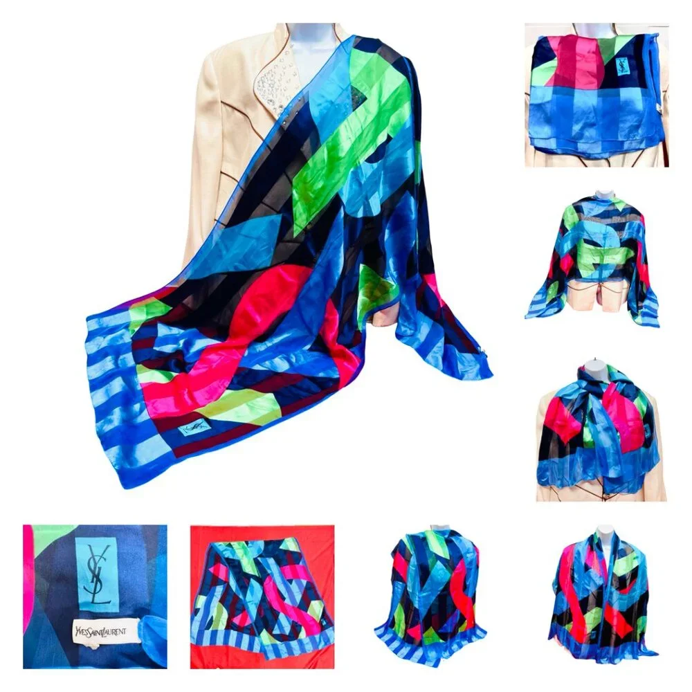 Vgt  Yves Saint Laurent 100% Silk Chiffon/Satin scarf 68x23 Black Red Green(33)